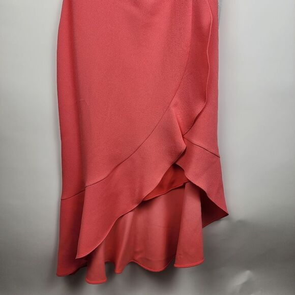 XSCAPE WOMENS 14 Double Strap Crepe Dress Coral HI LOW SLEEVELESS RUFFLE NWT NEW - Picture 5 of 11
